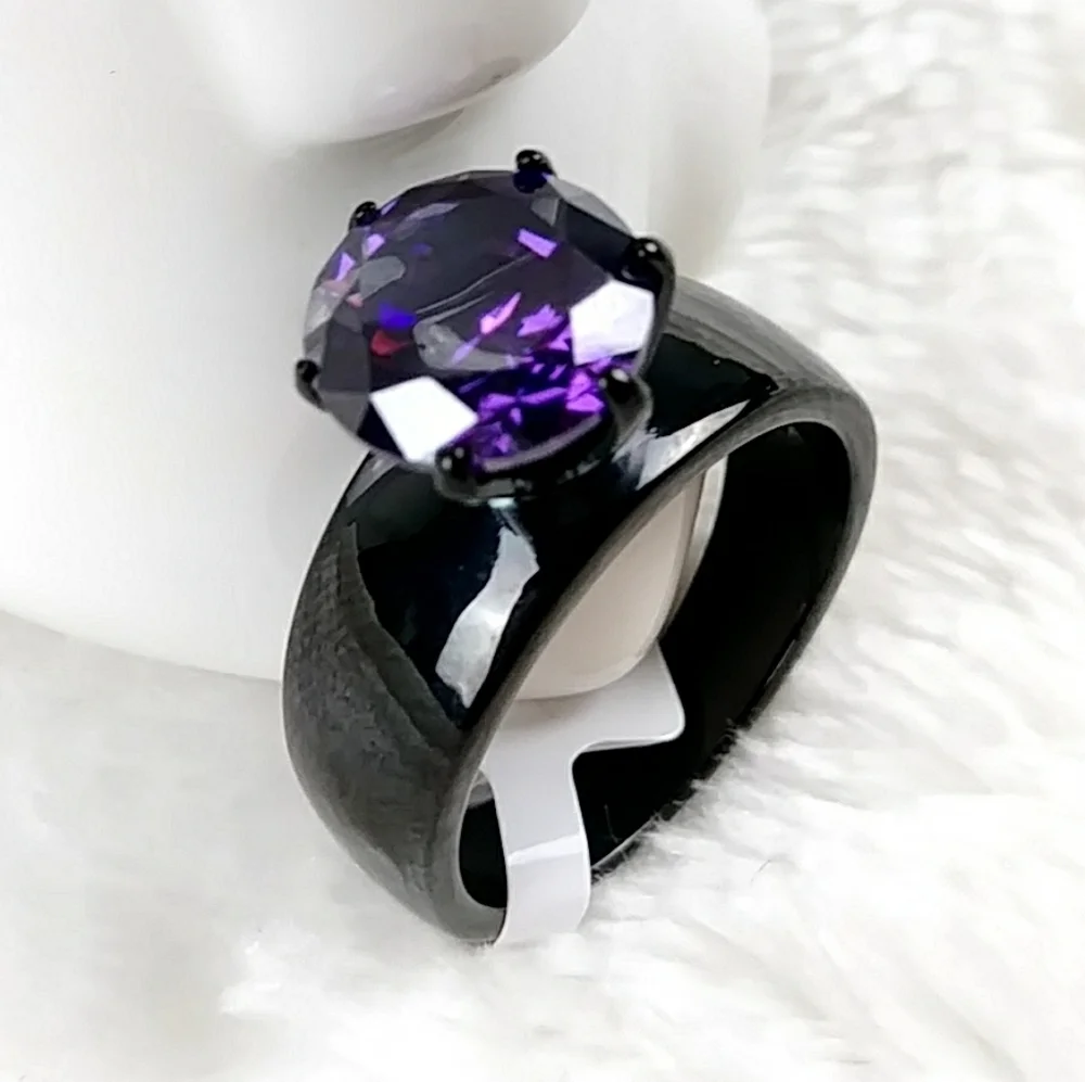Goth Purple Solitaire Black Stainless Steel Ring - Picture 6 of 14